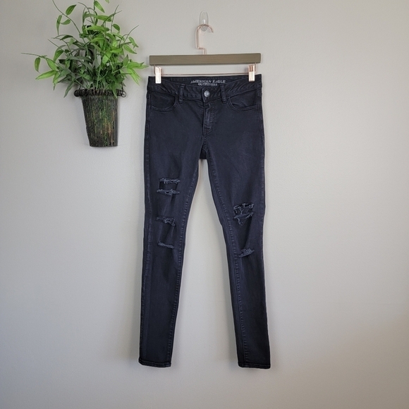 AE 4 Jegging Mid Rise Black Skinny Distressed Ripped Jeans American Eagle Y2K - Picture 1 of 16